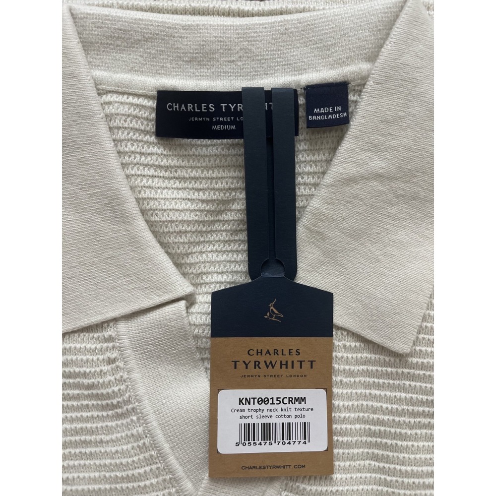 Charles Tyrwhitt Cream Trophy Neck Knit Texture Cotton Polo Mens Medium NWT - Picture 3 of 5